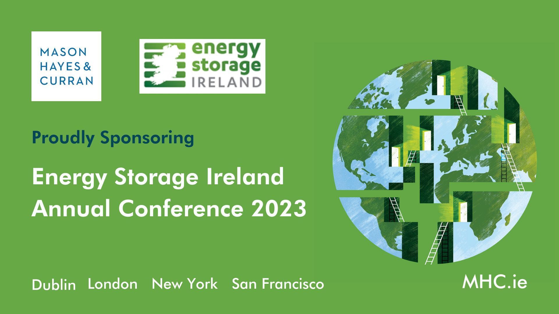 White writing on a green background, saying Energy Storage Ireland Annual Conference 2023